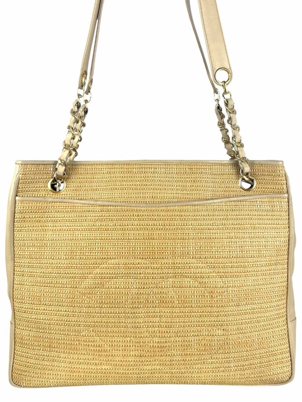 CHANEL Raffia & Leather Chain Tote Bag Beige Gold Shoulder Bag
